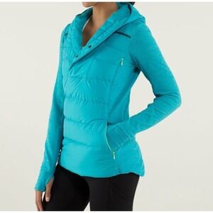 Lululemon Women 4 Fluff Off Goose Down Puffer Jacket Hooded 800 Fill Aqua Blue
